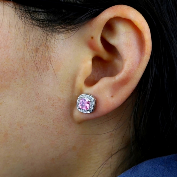 New Silver Square Zirconia Pink Diamond earrings - Picture 3 of 3